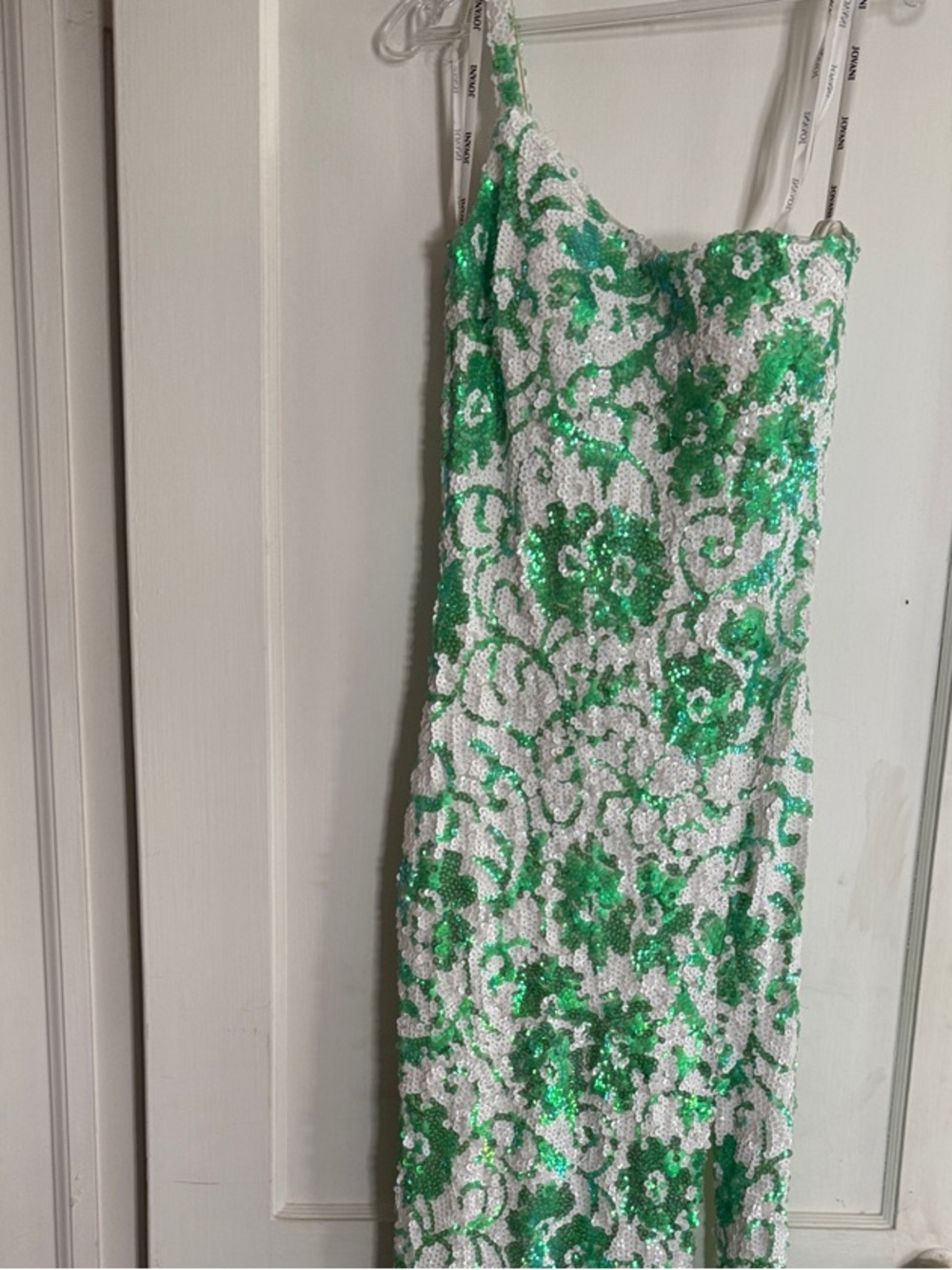 Jovani White and Green Strapless Sequin Maxi Dress